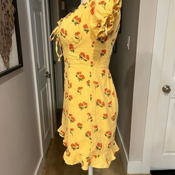 UO honey yellow with cherries print milkmaid mini dress with ruffles - Picture 5 of 14